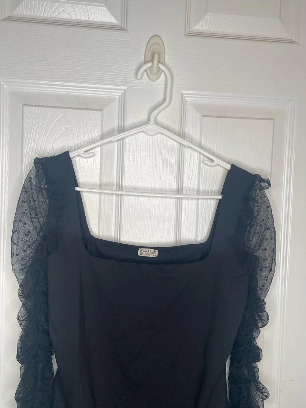 Free People Must Be Love Bodysuit Mesh Ruched Sleeve Square Neck in Black L